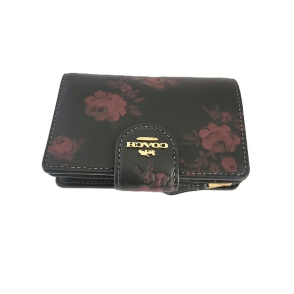 Coach CCR20 Medium Corner Zip Floral Print Bifold Wallet Pebbled Leather Wine - Picture 5 of 7